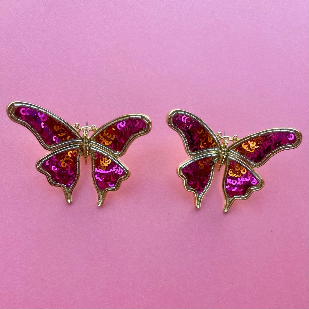 NWT House of Harlow 1960 Butterfly Earrings - 3D Pink Orange Sparkly Butterfly